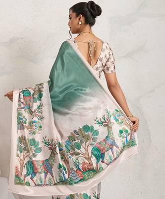 Teal printed satin fashion saree with blouse piece 4