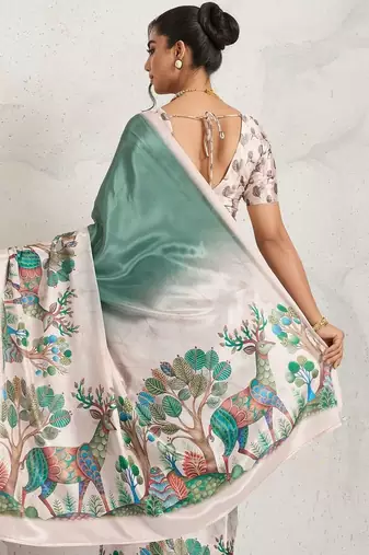 Teal printed satin fashion saree with blouse piece