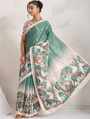 Teal printed satin fashion saree with blouse piece 5