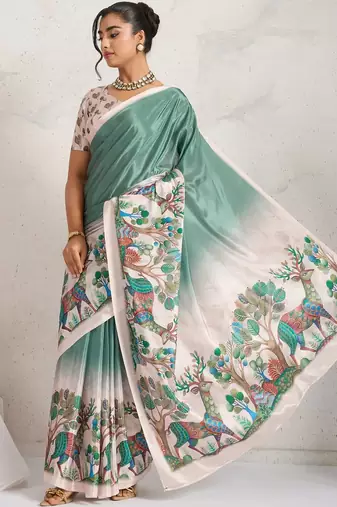 Teal printed satin fashion saree with blouse piece