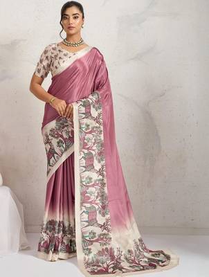 Purple printed satin fashion saree with blouse piece 1