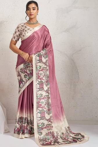 Purple printed satin fashion saree with blouse piece