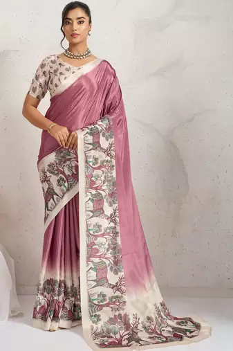 Purple printed satin fashion saree with blouse piece