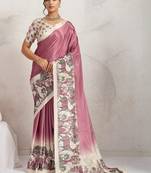Purple printed satin fashion saree with blouse piece