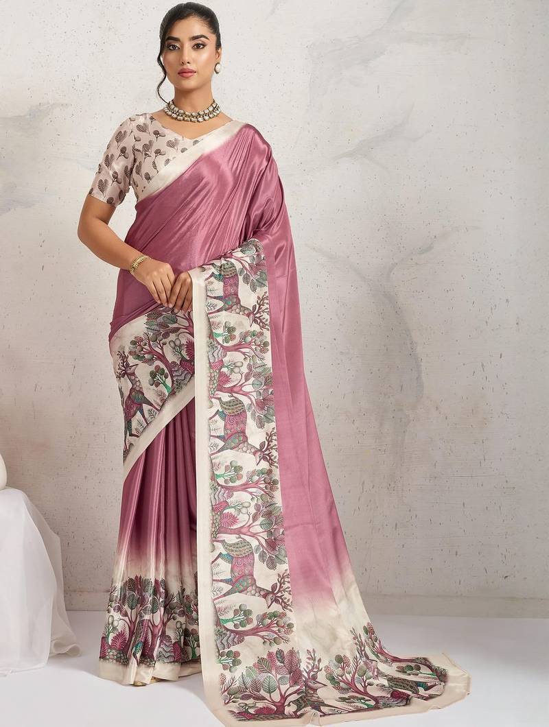 Purple printed satin fashion saree with blouse piece