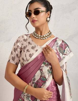 Purple printed satin fashion saree with blouse piece 2
