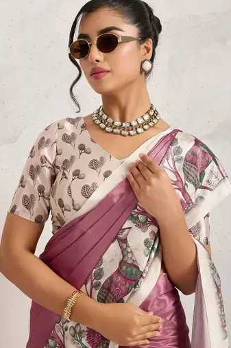Purple printed satin fashion saree with blouse piece