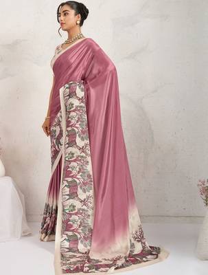 Purple printed satin fashion saree with blouse piece 3