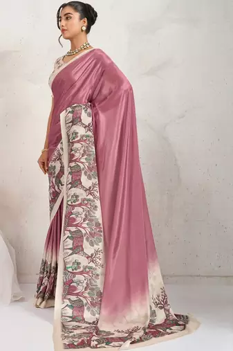 Purple printed satin fashion saree with blouse piece