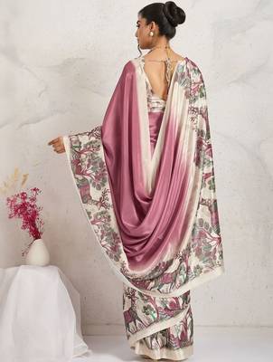 Purple printed satin fashion saree with blouse piece 4