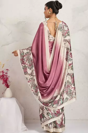 Purple printed satin fashion saree with blouse piece