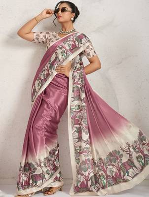 Purple printed satin fashion saree with blouse piece 5