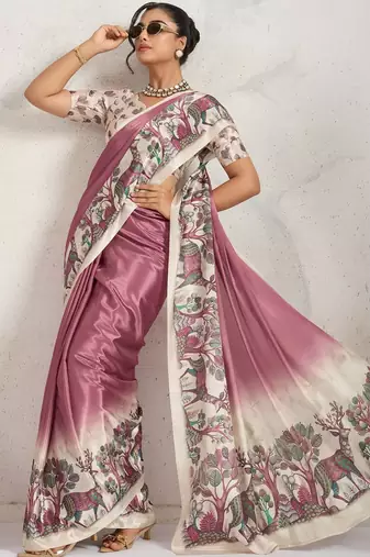 Purple printed satin fashion saree with blouse piece