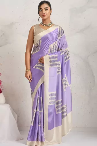Purple printed satin fashion saree with blouse piece
