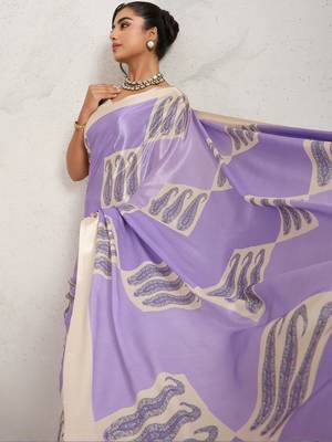 Purple printed satin fashion saree with blouse piece 2