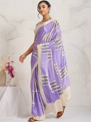 Purple printed satin fashion saree with blouse piece 3