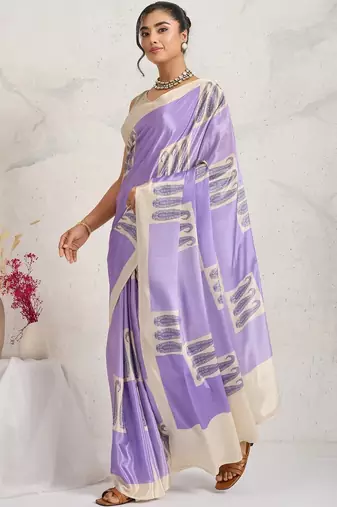 Purple printed satin fashion saree with blouse piece