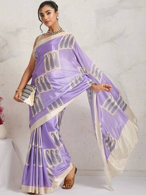 Purple printed satin fashion saree with blouse piece 5