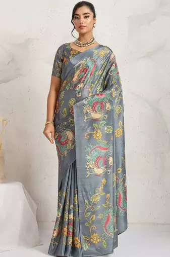 Grey printed satin fashion saree with blouse piece