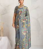 Grey printed satin fashion saree with blouse piece