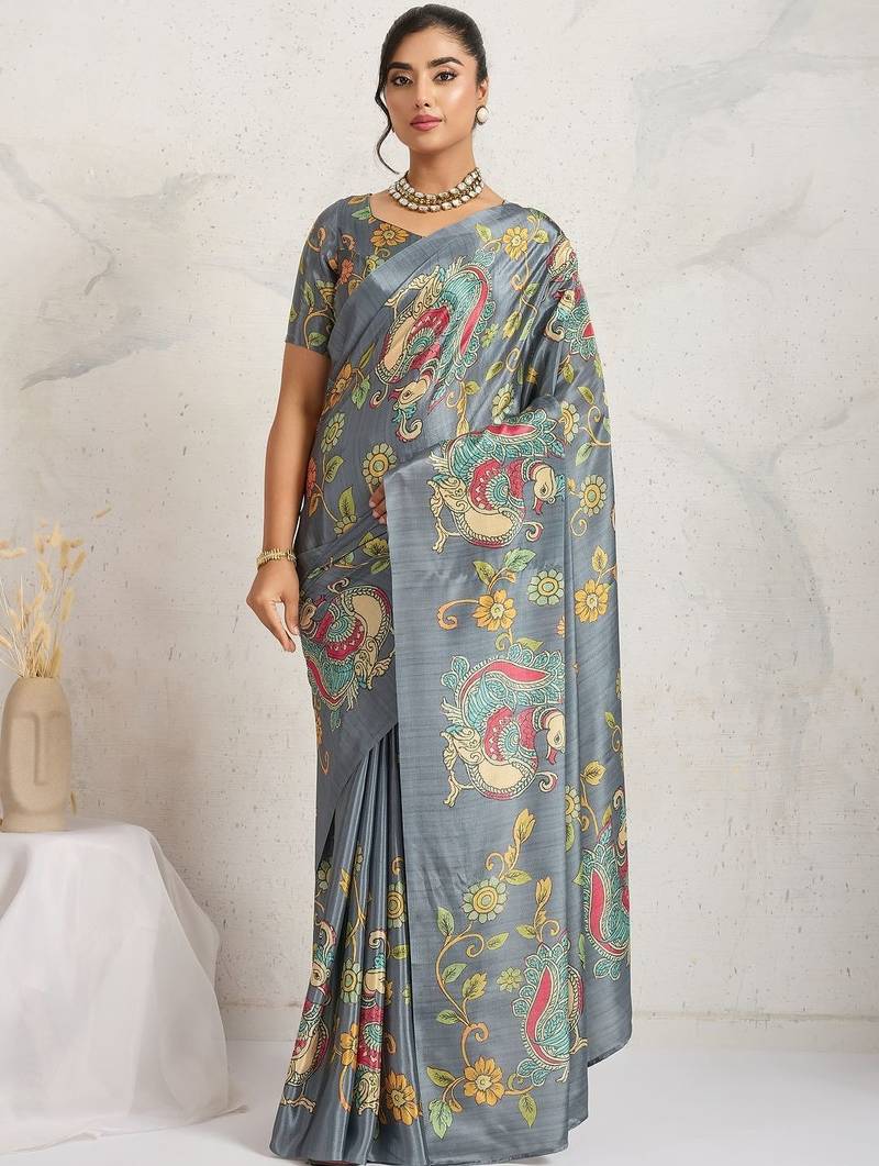 Grey printed satin fashion saree with blouse piece