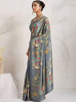 Grey printed satin fashion saree with blouse piece 2