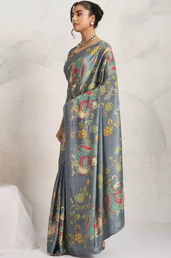 Grey printed satin fashion saree with blouse piece