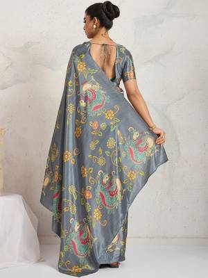 Grey printed satin fashion saree with blouse piece 3