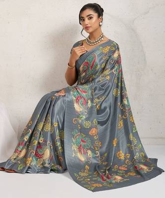 Grey printed satin fashion saree with blouse piece 4