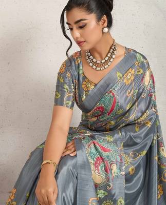 Grey printed satin fashion saree with blouse piece 5