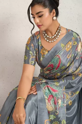 Grey printed satin fashion saree with blouse piece