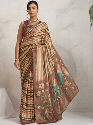 Brown printed satin fashion saree with blouse piece 1