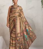 Brown printed satin fashion saree with blouse piece