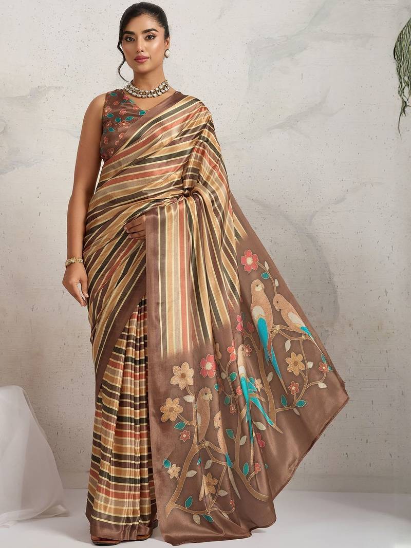 Brown printed satin fashion saree with blouse piece