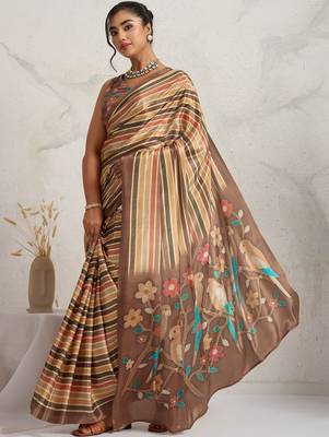 Brown printed satin fashion saree with blouse piece 2