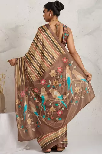 Brown printed satin fashion saree with blouse piece