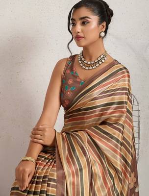 Brown printed satin fashion saree with blouse piece 4