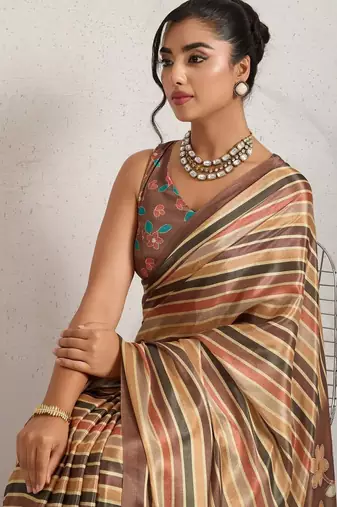 Brown printed satin fashion saree with blouse piece