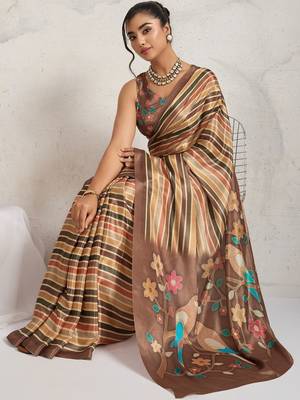 Brown printed satin fashion saree with blouse piece 5