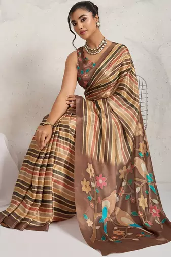Brown printed satin fashion saree with blouse piece