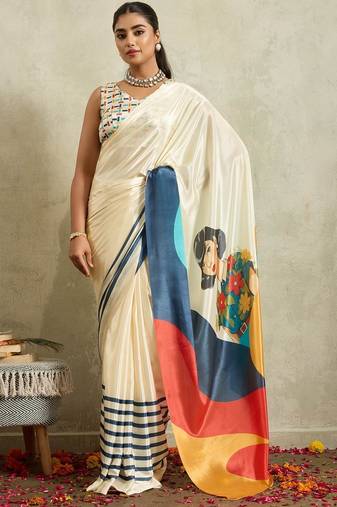 Off white printed satin fashion saree with blouse piece
