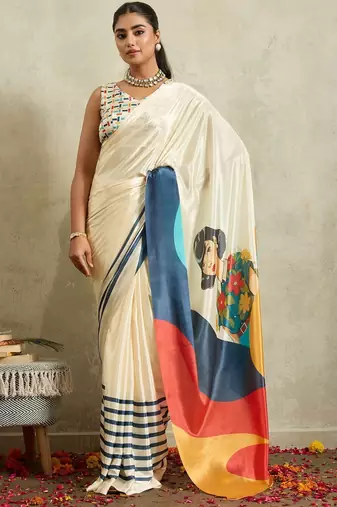 Off white printed satin fashion saree with blouse piece