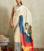 Off white printed satin fashion saree with blouse piece