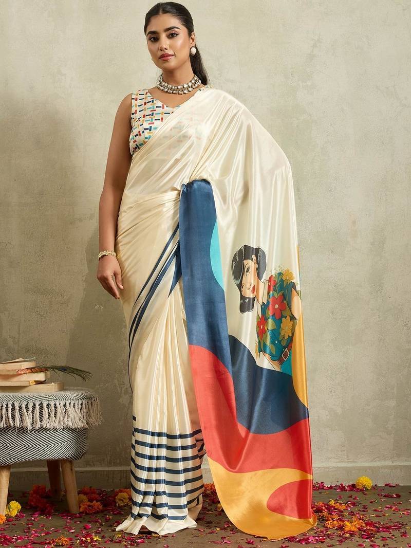 Off white printed satin fashion saree with blouse piece