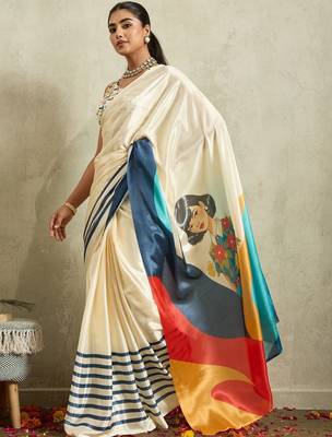 Off white printed satin fashion saree with blouse piece 2