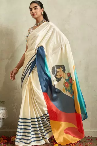 Off white printed satin fashion saree with blouse piece