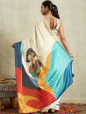Off white printed satin fashion saree with blouse piece 3