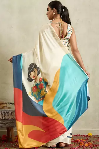 Off white printed satin fashion saree with blouse piece