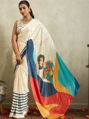 Off white printed satin fashion saree with blouse piece 4