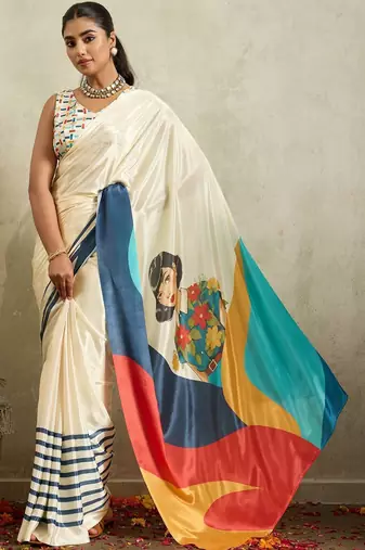 Off white printed satin fashion saree with blouse piece